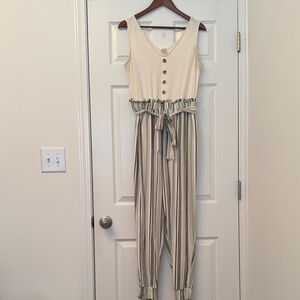 No Boundaries Ivory and Green Striped Jumpsuit